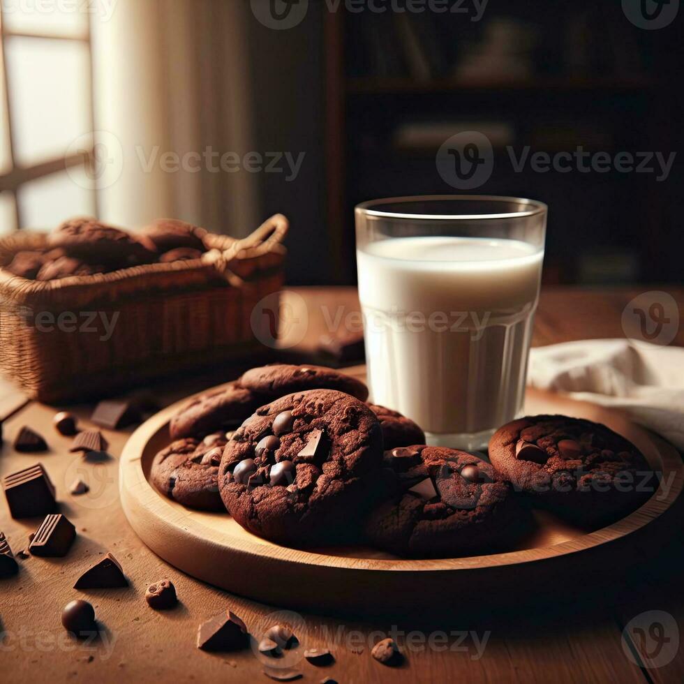 ai generato delizioso cioccolato biscotti con un' bicchiere latte ai generativo foto