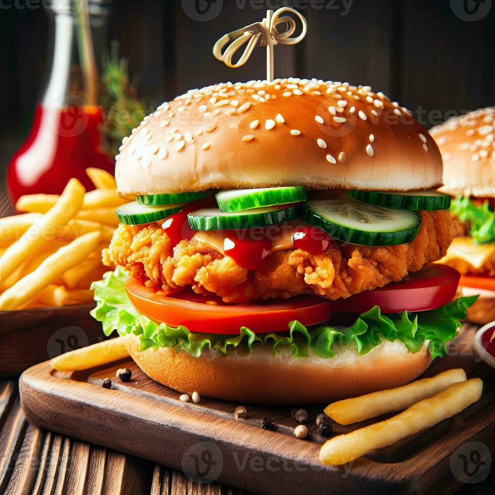 ai generato delizioso pollo hamburger con francese patatine fritte su il tavolo ai generativo foto