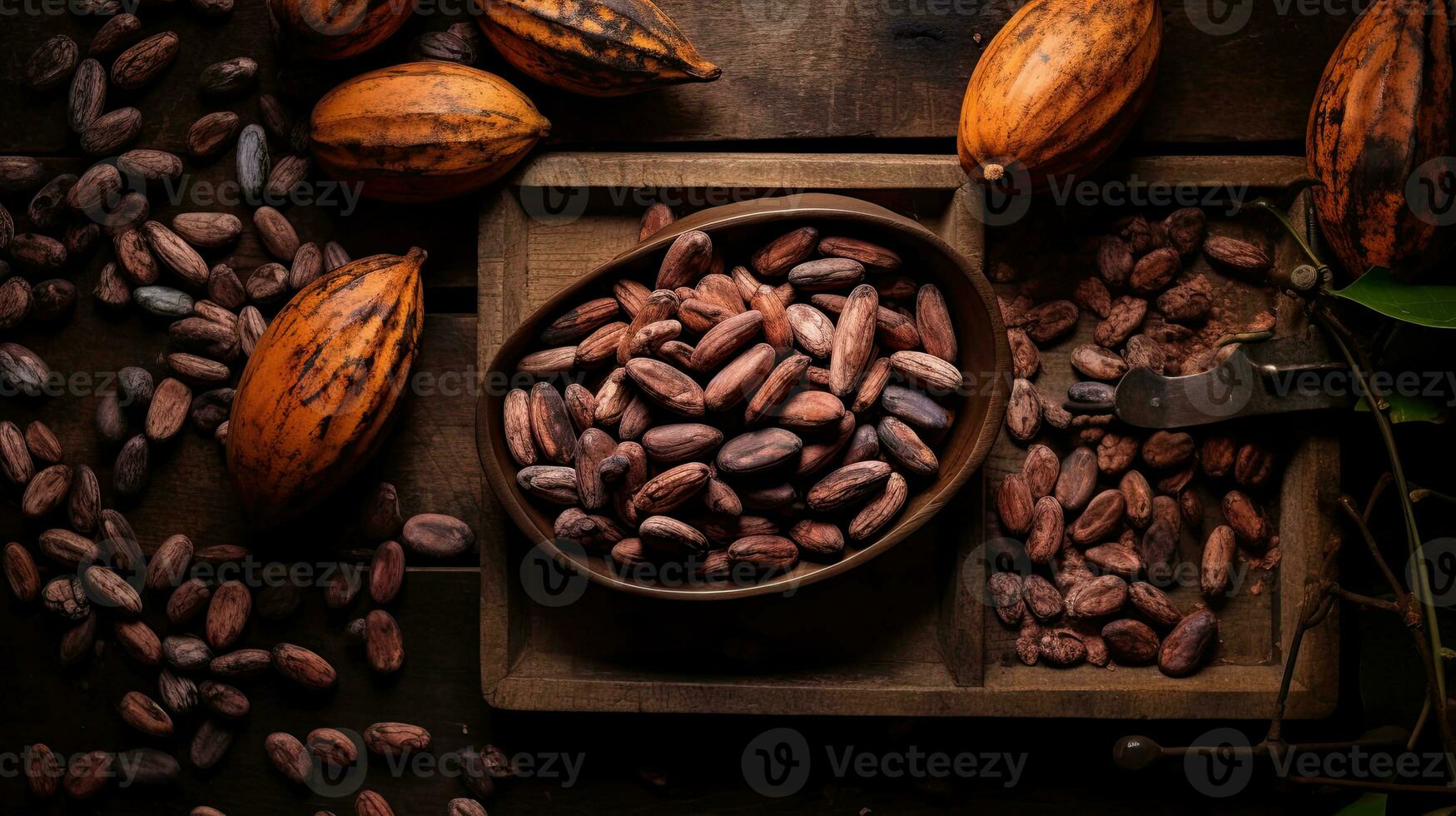 ai generato ritratto cacao fagiolo su il ciotola con leggero esposizione ai generativo foto