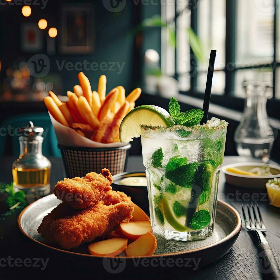 ai generato fresco Mojito con fritte pollo e francese patatine fritte ai generativo foto