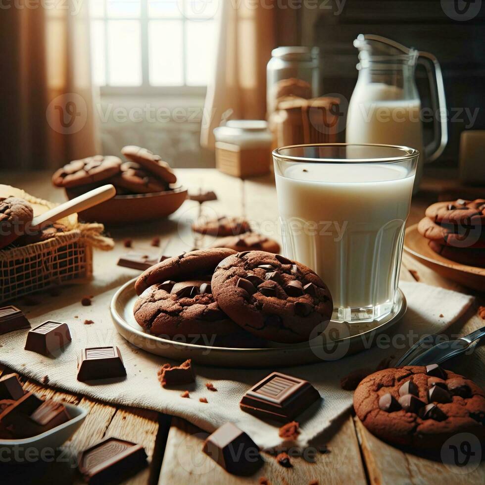 ai generato delizioso cioccolato biscotti con un' bicchiere di latte ai generativo foto