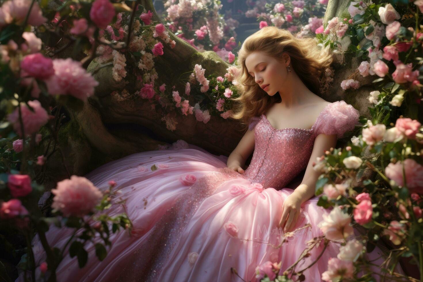 ai generato bellissimo ragazza nel un' rosa vestito nel il giardino con Rose, un' fiaba Principessa nel un' fioritura giardino, ai generato foto