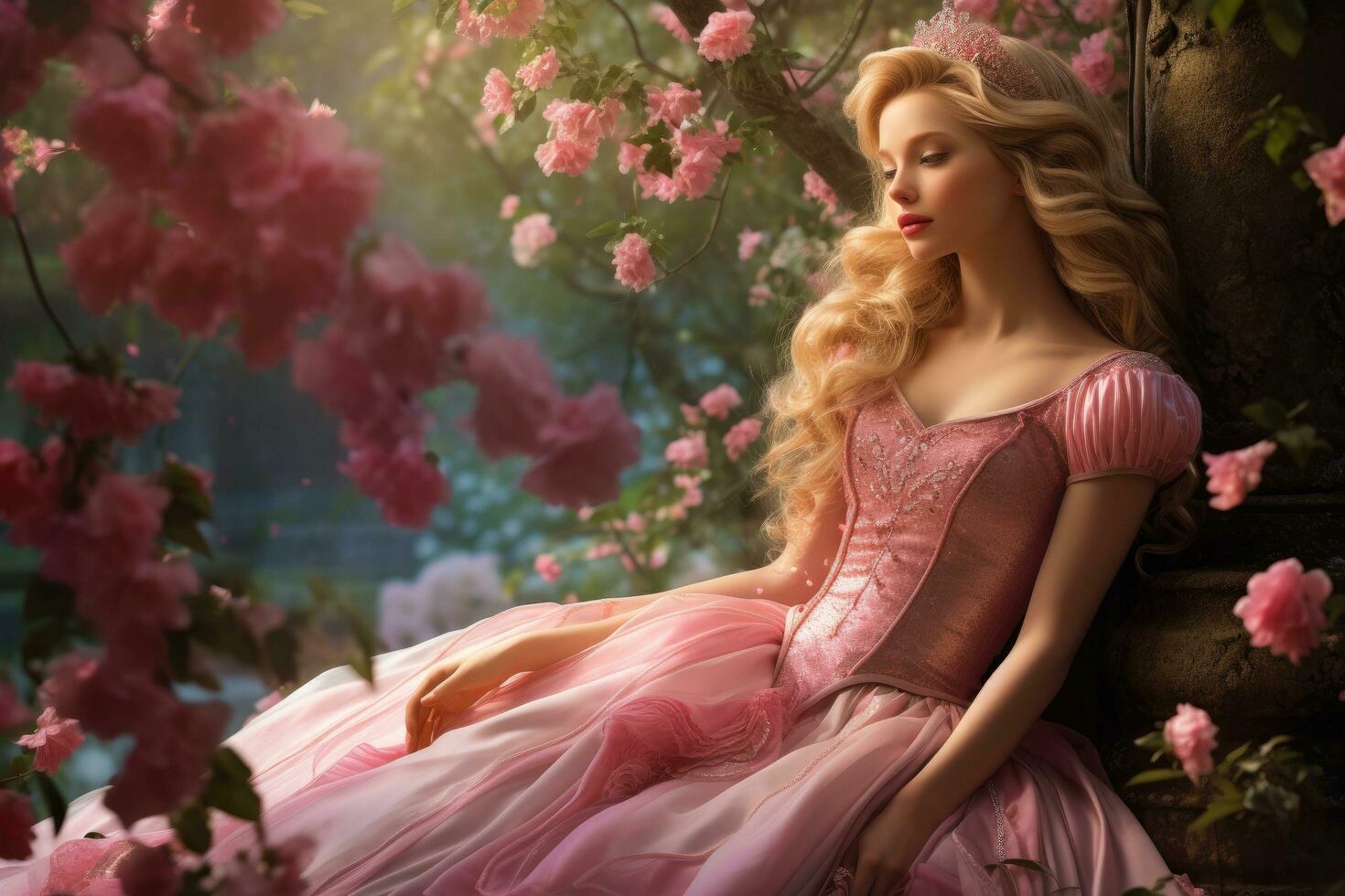 ai generato bellissimo ragazza nel un' rosa vestito e un' corona su sua testa si siede su il le scale nel il giardino, un' fiaba Principessa nel un' fioritura giardino, ai generato foto
