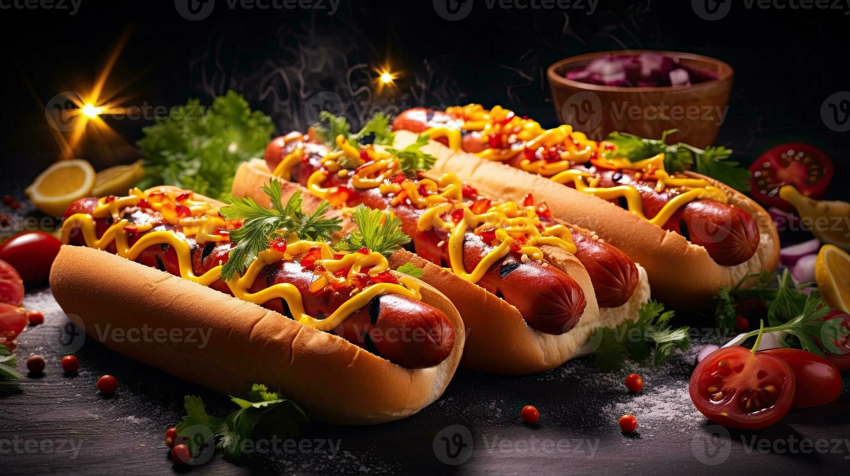 ai generato delizioso hot dog su il di legno tavolo ai generativo foto