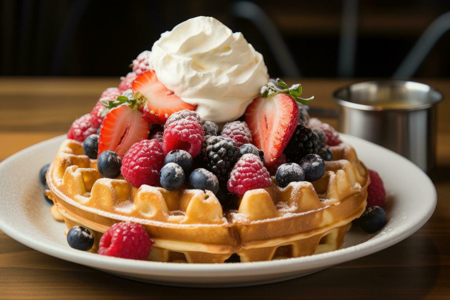 ai generato belga cialde con ghiaccio crema e fresco frutti di bosco su di legno tavolo, un' croccante, d'oro belga cialda sormontato con fresco frutti di bosco e crema, ai generato foto