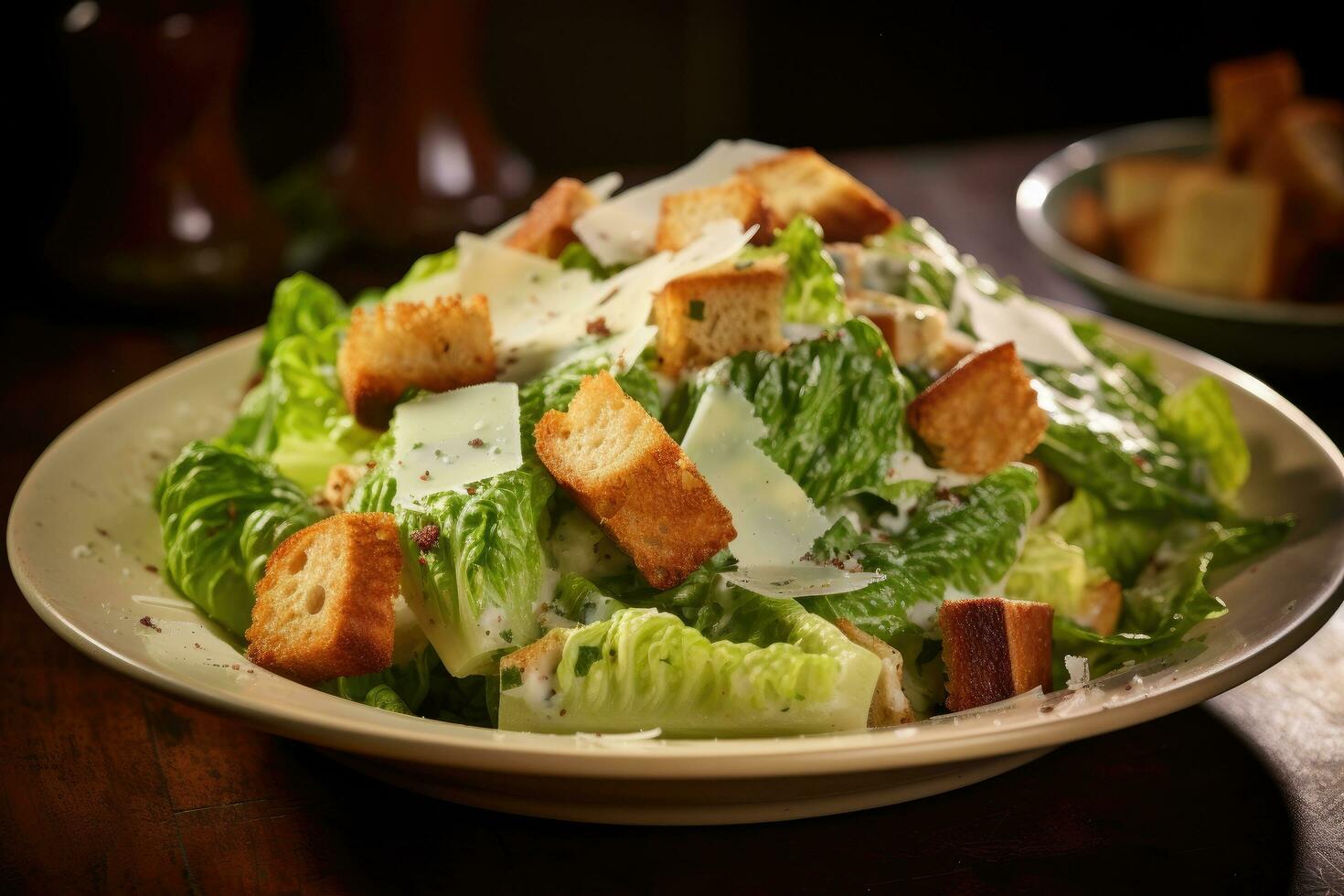 ai generato Cesare insalata con parmigiano formaggio e crostini su di legno tavolo, un' croccante Cesare insalata con parmigiano e crostini, ai generato foto