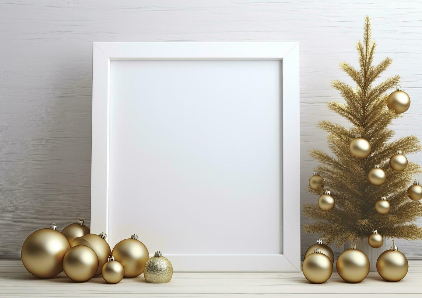 ai generato Natale composizione nero telaio e Natale albero d'oro palle su legna sfondo foto