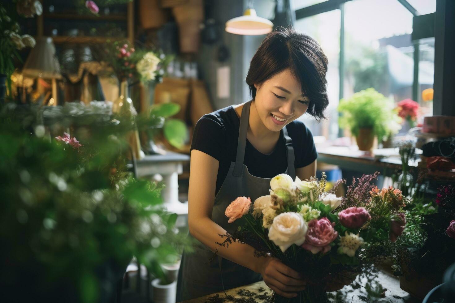 ai generato bellissimo asiatico donna fioraio fabbricazione mazzo nel fiore negozio, asiatico donna fioraio la creazione di nozze mazzo nel fiore negozio, ai generato foto