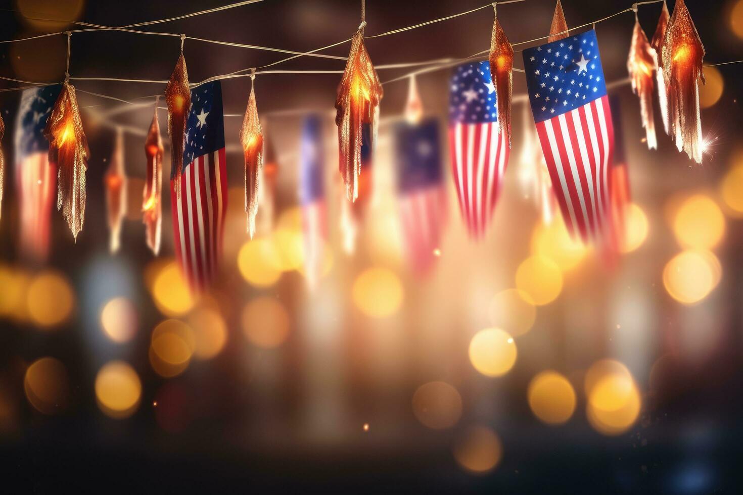 ai generato americano bandiere su bokeh sfondo. 3d rendering, un' ghirlanda di Malaysia nazionale bandiere su un astratto sfocato sfondo, ai generato foto