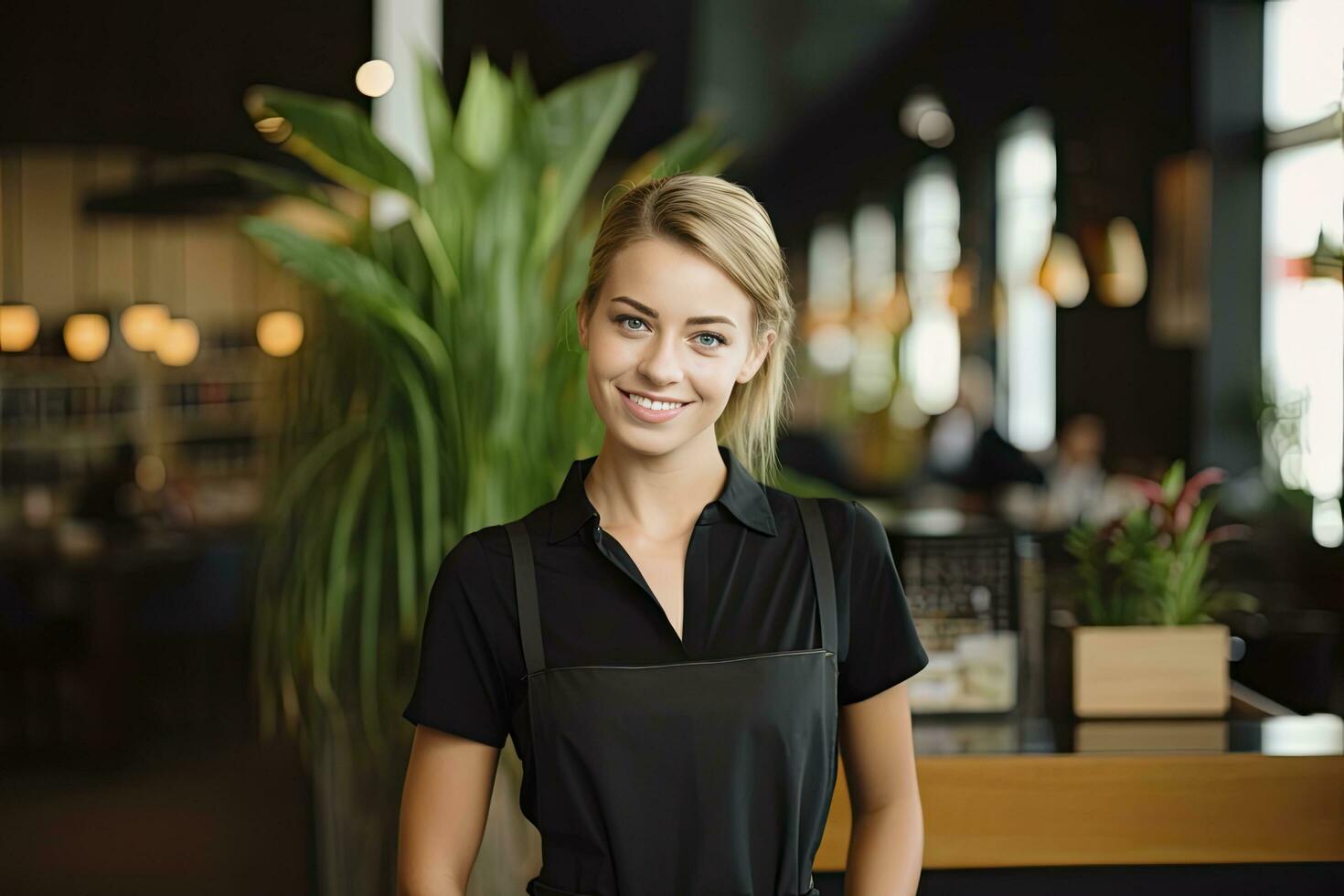 ai generato femmina cameriera nel un' nero vestito e grembiule in piedi nel ristorante foto