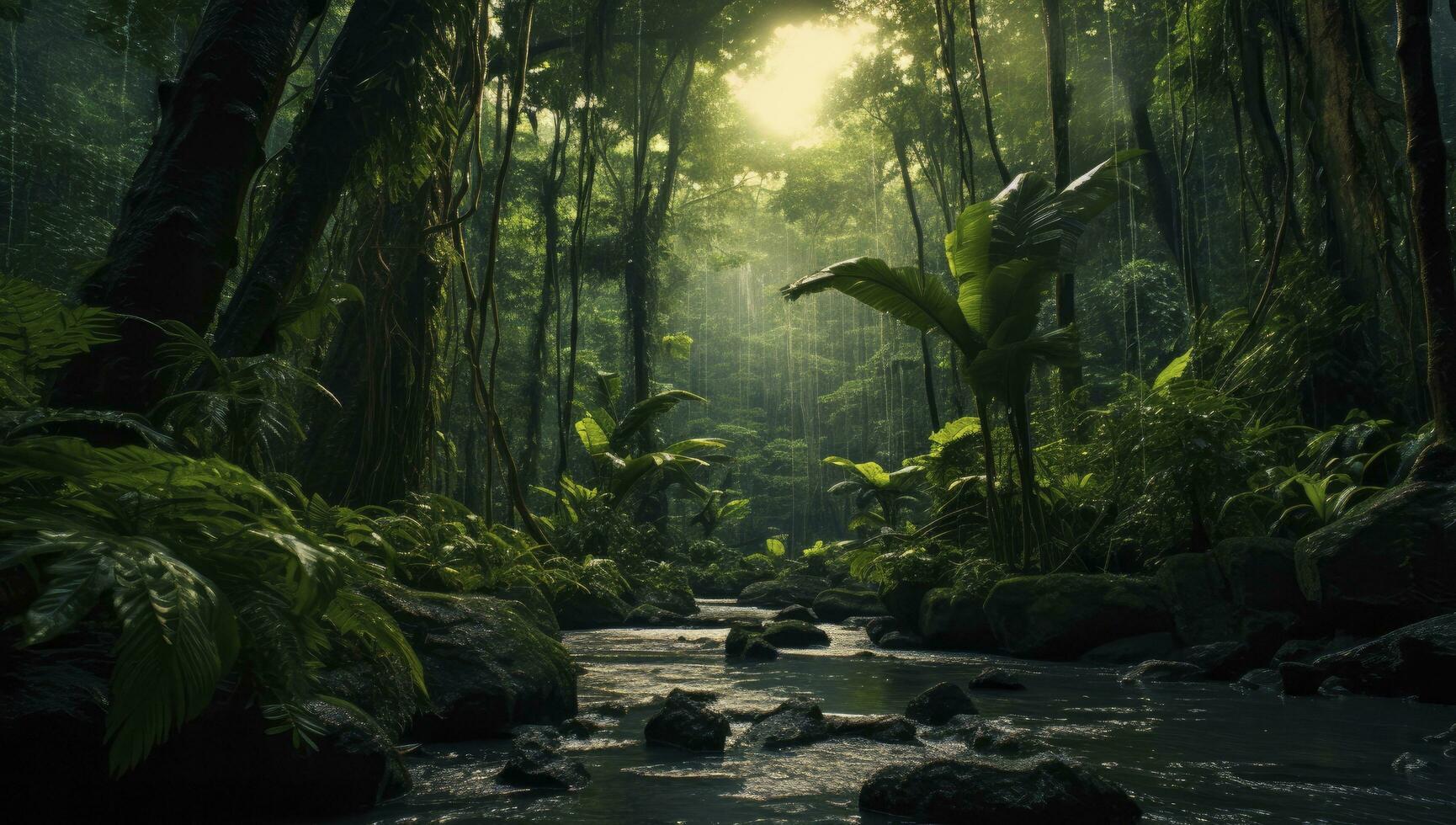 ai generato paesaggio di tropicale verde foresta con alberi e buio nuvole foto