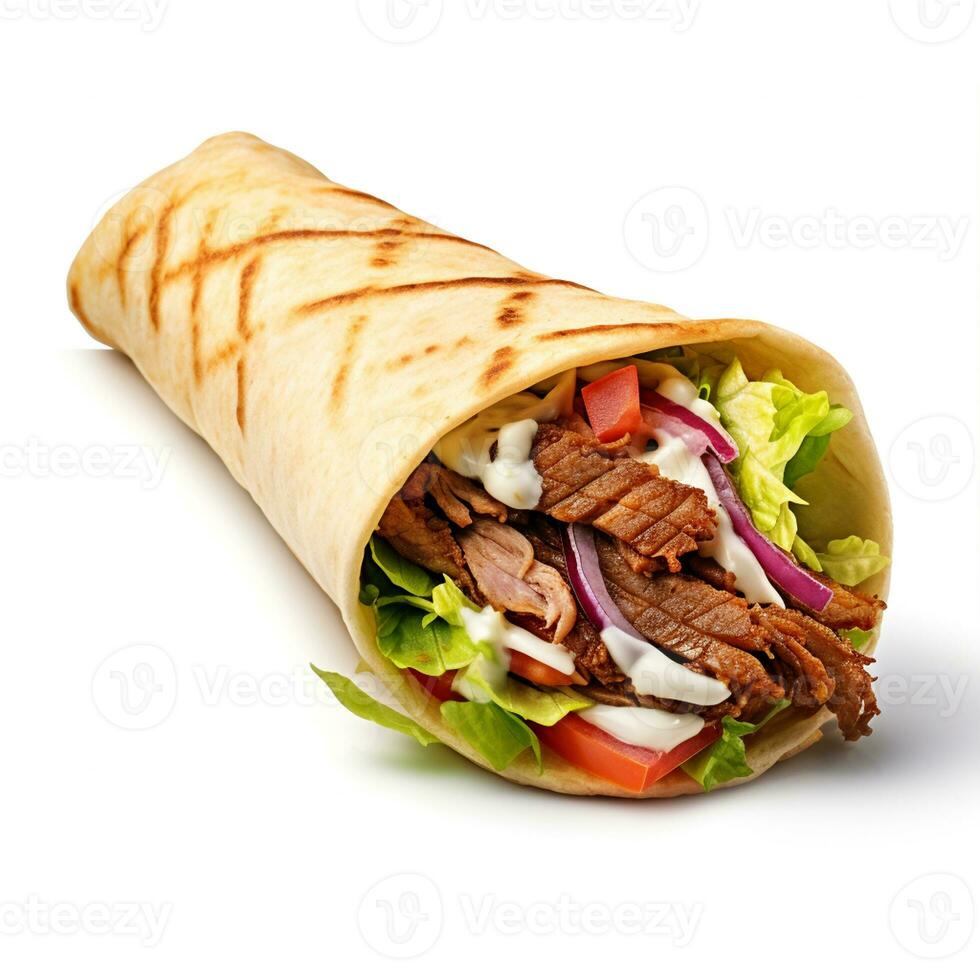 ai generato ai generato iper realistico delizioso shawarma su bianca sfondo foto