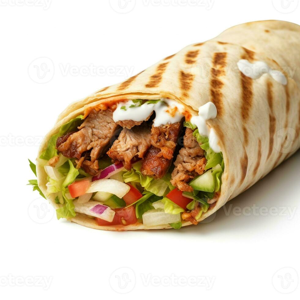 ai generato ai generato iper realistico delizioso shawarma su bianca sfondo foto