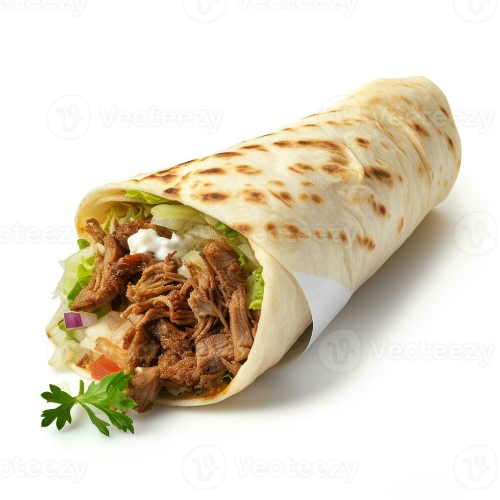 ai generato ai generato iper realistico delizioso shawarma su bianca sfondo foto