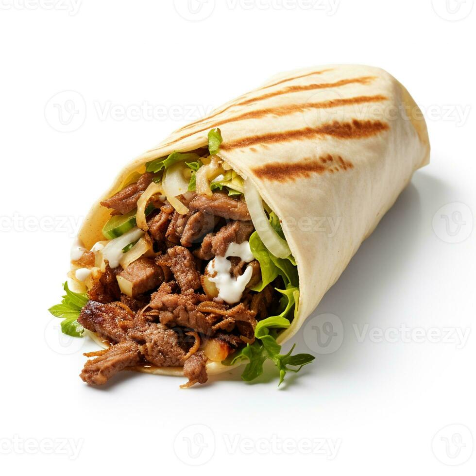 ai generato ai generato iper realistico delizioso shawarma su bianca sfondo foto