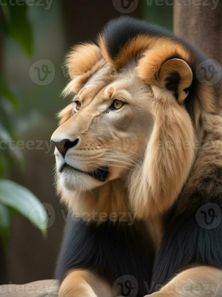 ai generato un' Leone è seduta nel il ombra di un' albero foto