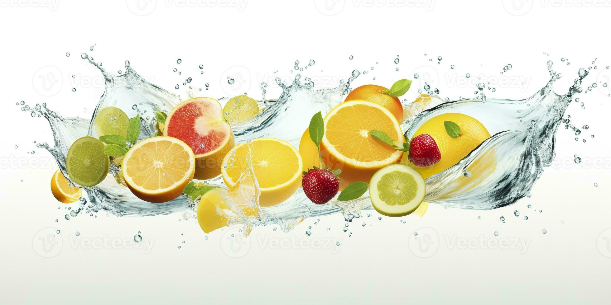 ai generato turbine acqua spruzzo con frutta. liquido flusso con ghiaccio cubi e un' mescolare di fresco frutta. generativo ai foto