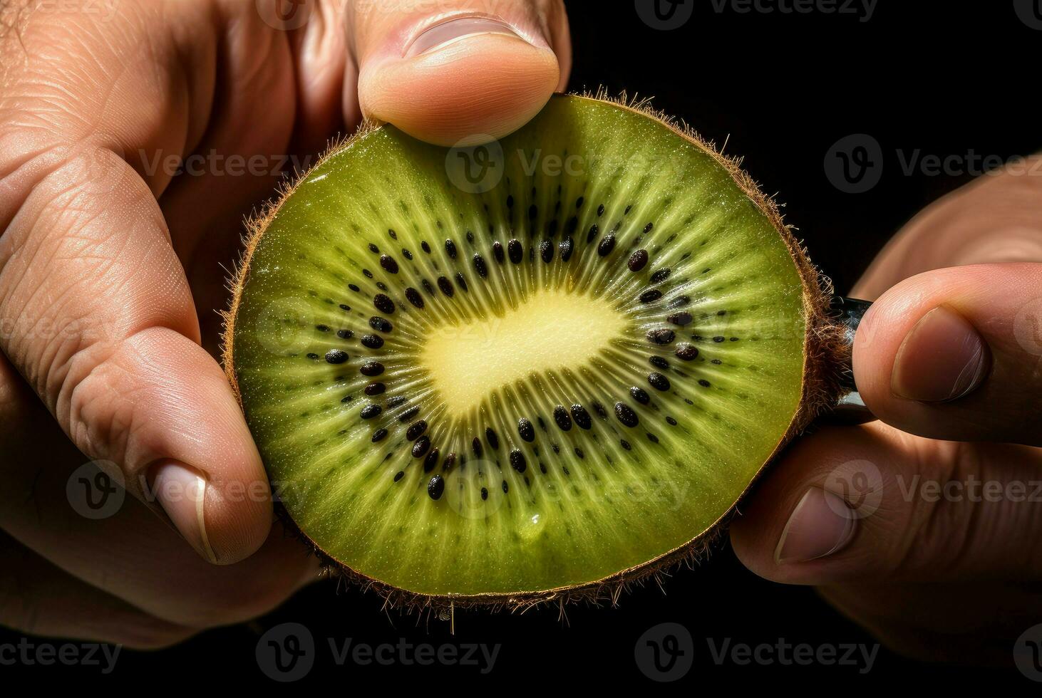 ai generato spensierato uomo mangiare fresco Kiwi con cucchiaio. creare ai foto