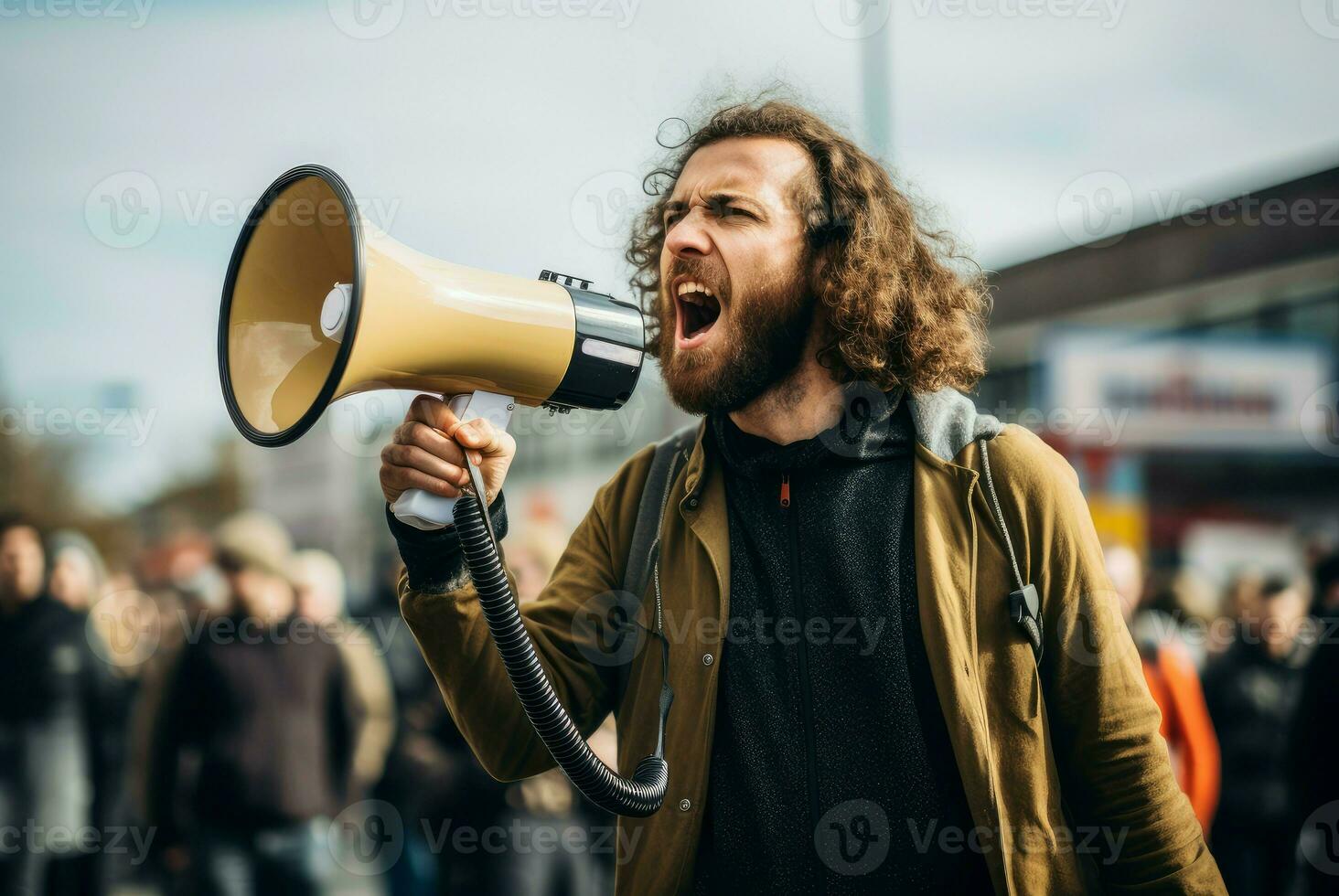 ai generato avvincente uomo megafono protesta. creare ai foto