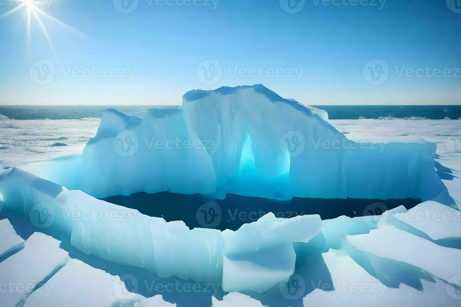 ai generato un iceberg nel il oceano con il sole splendente foto