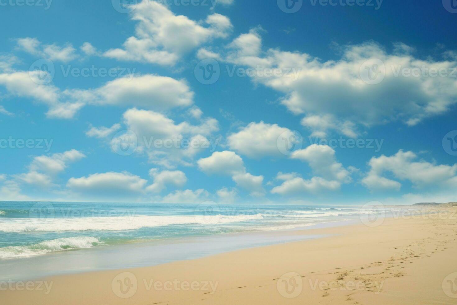 ai generato espansivo oceano spiaggia blu cielo giorno. creare ai foto