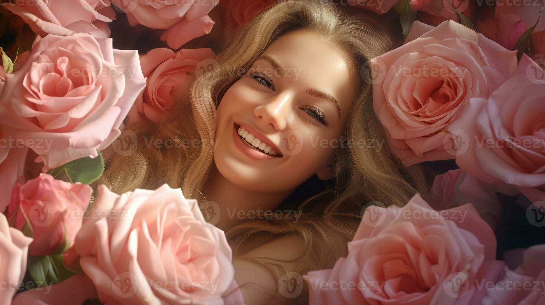 ai generato contento sorridente donna con Rose avvicinamento bellezza foto