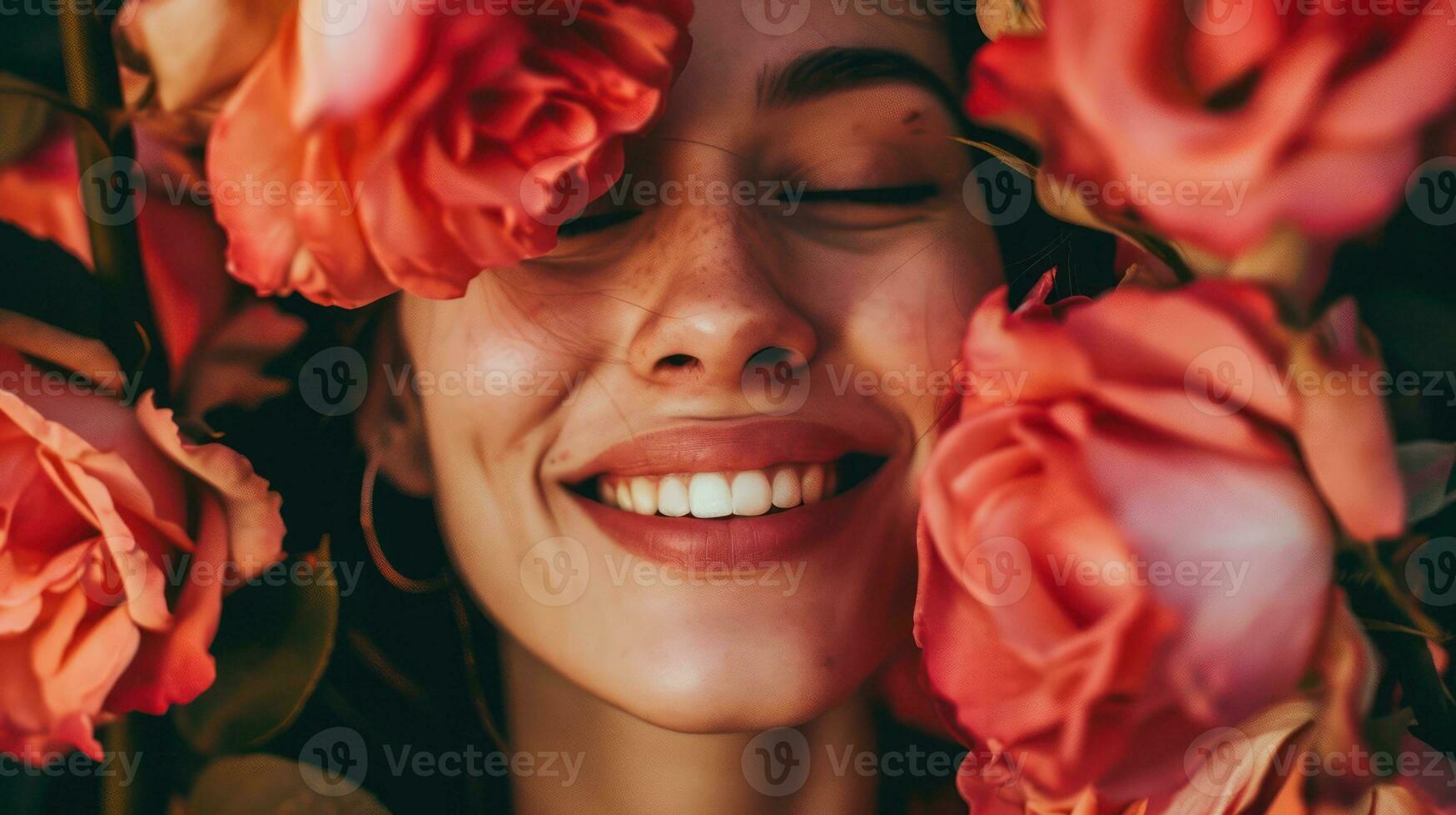 ai generato contento sorridente donna con Rose avvicinamento bellezza foto