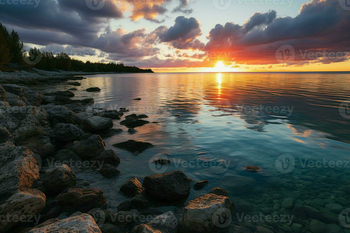 ai generato sera tonalità un' mozzafiato tramonto getto un' caldo splendore su il paesaggio ai generato foto