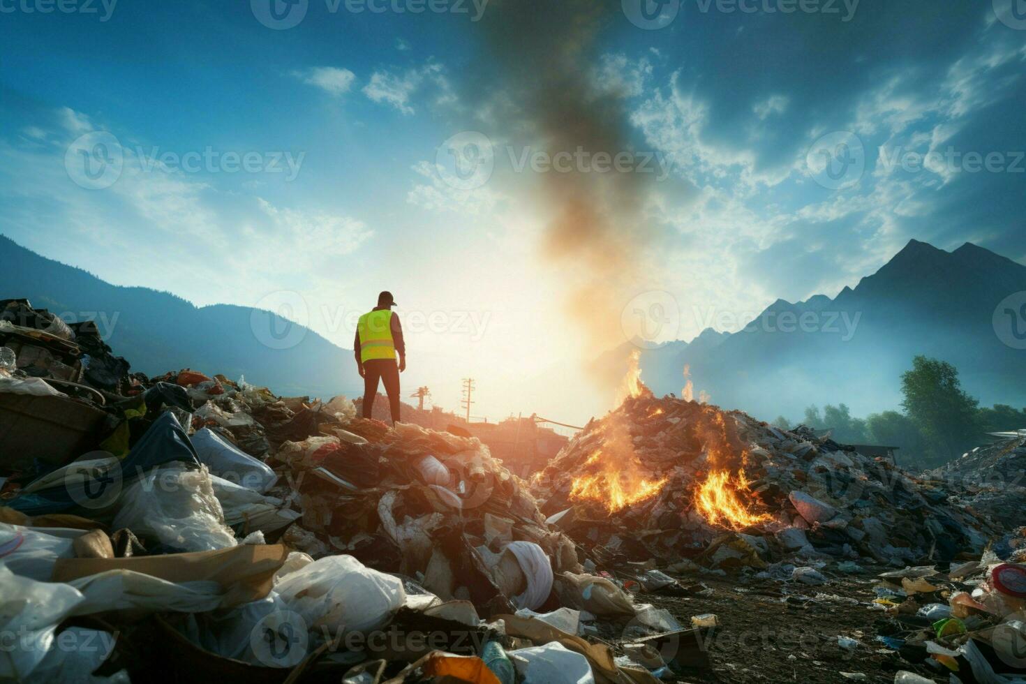 ai generato spazzatura degradazione ingegnere affronta un' montagna di rifiuto inquinamento foto