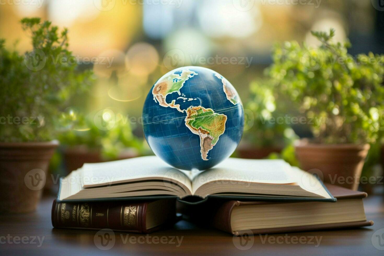 ai generato globo e libri un' simbolo di globale conoscenza e formazione scolastica ai generato foto