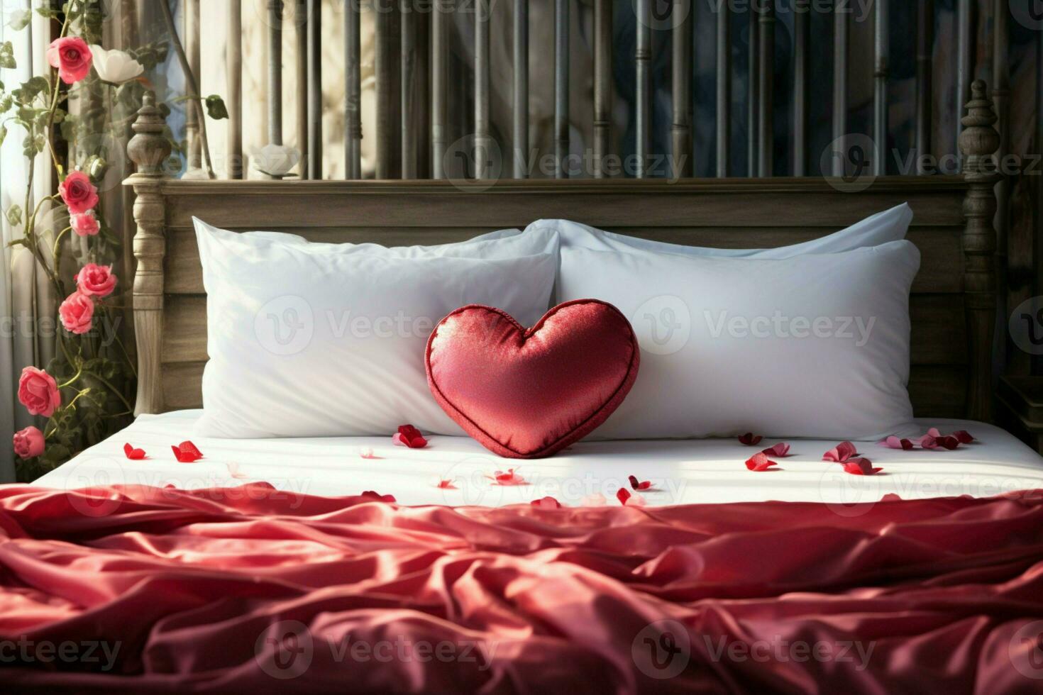 ai generato elegante gesto rosa petali su il letto aggiungendo un' toccare di lusso e romanza ai generato foto