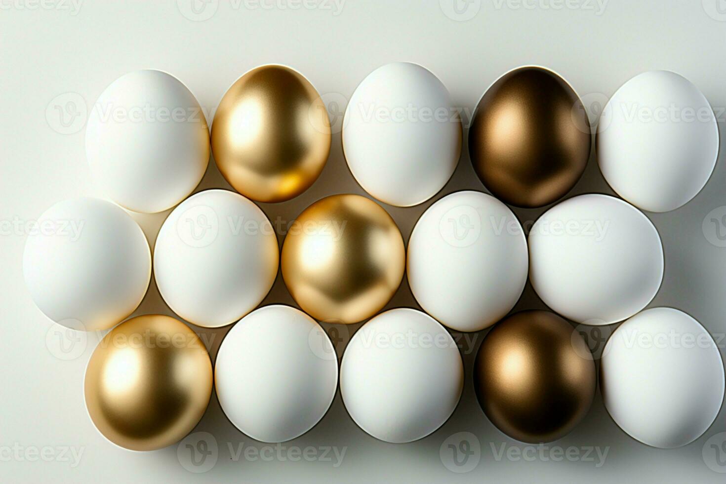 ai generato minimalista eleganza bianca e oro Pasqua uova, piatto posare foto