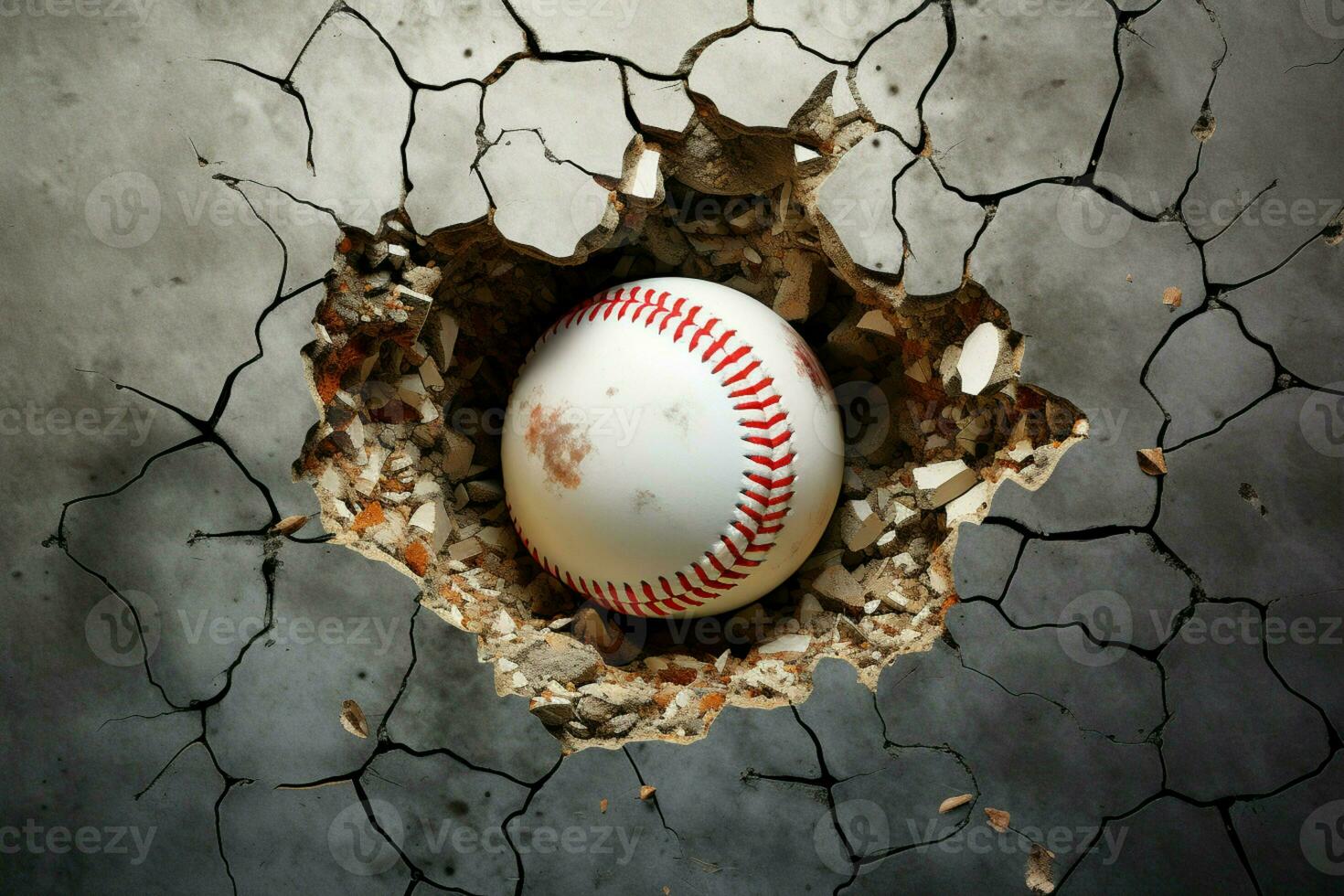 ai generato baseball pause barriere palla drammaticamente mosche attraverso un' Cracked parete foto