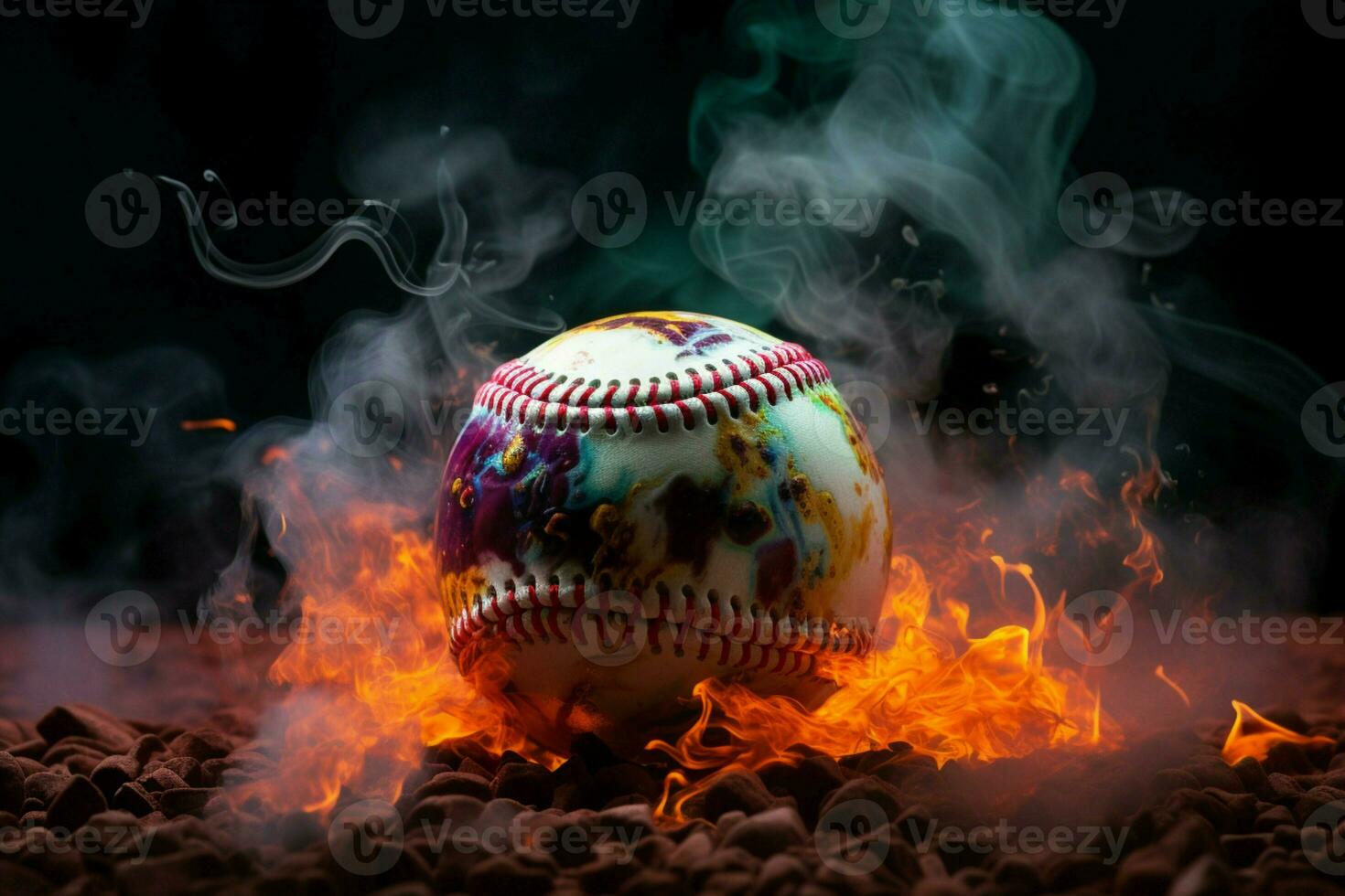 ai generato fumoso fascino colorato baseball palla cattura Attenzione contro un' misterioso fondale foto