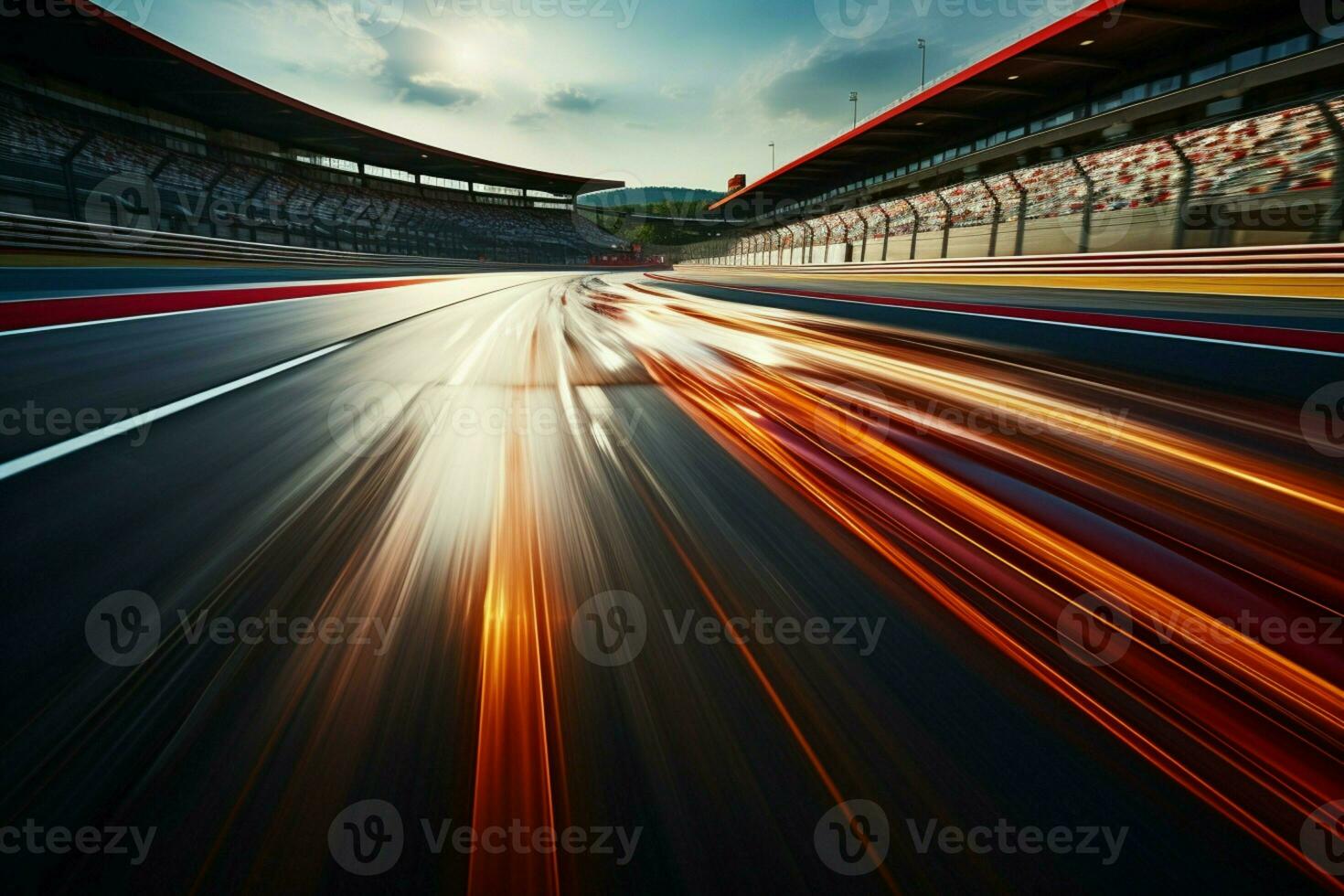 ai generato velocità e movimento da corsa traccia con sfocato traffico, dinamico bokeh foto