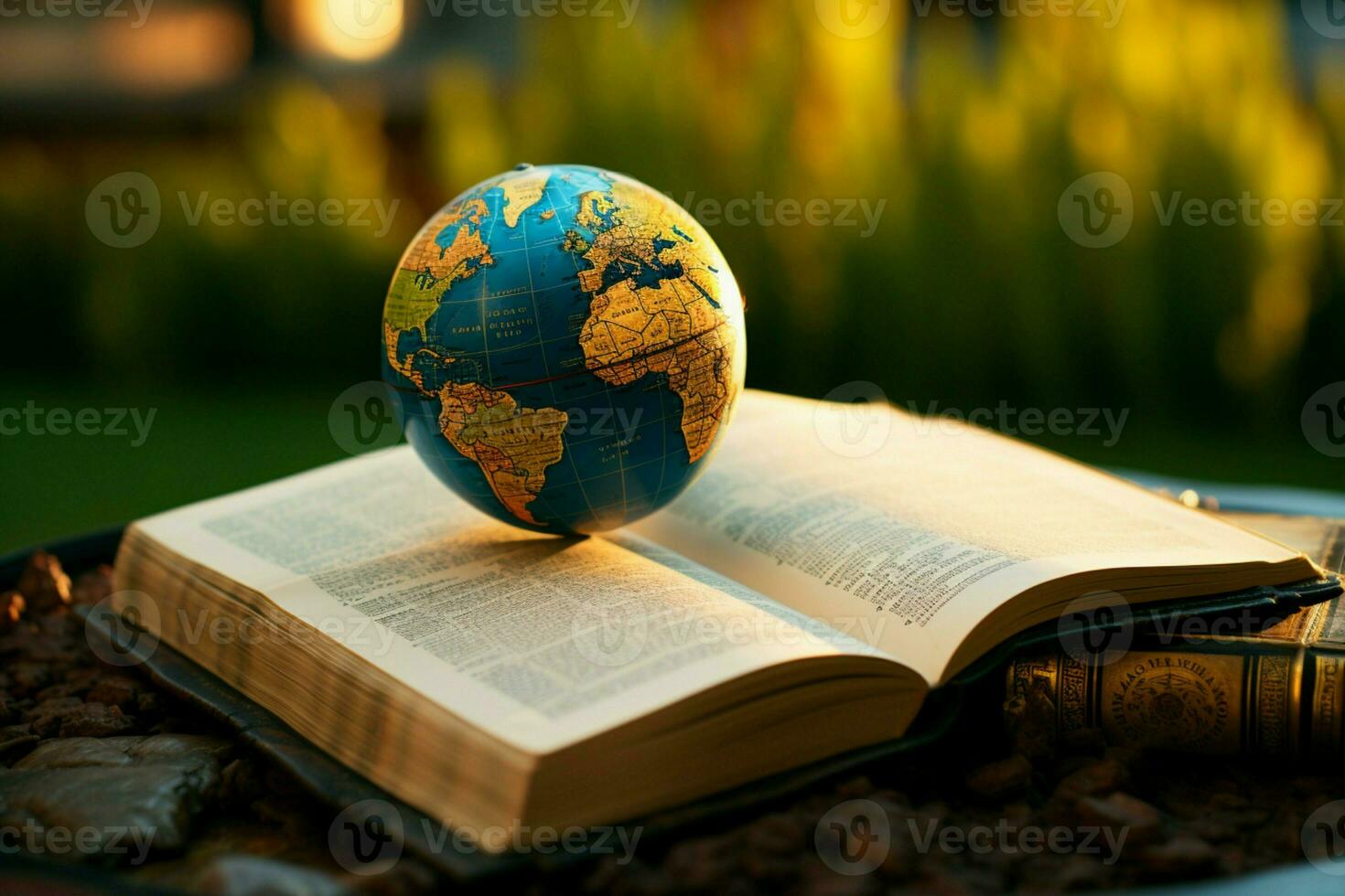 ai generato conoscenza In tutto il mondo terra globo accoppiato con un' pila di libri ai generato foto