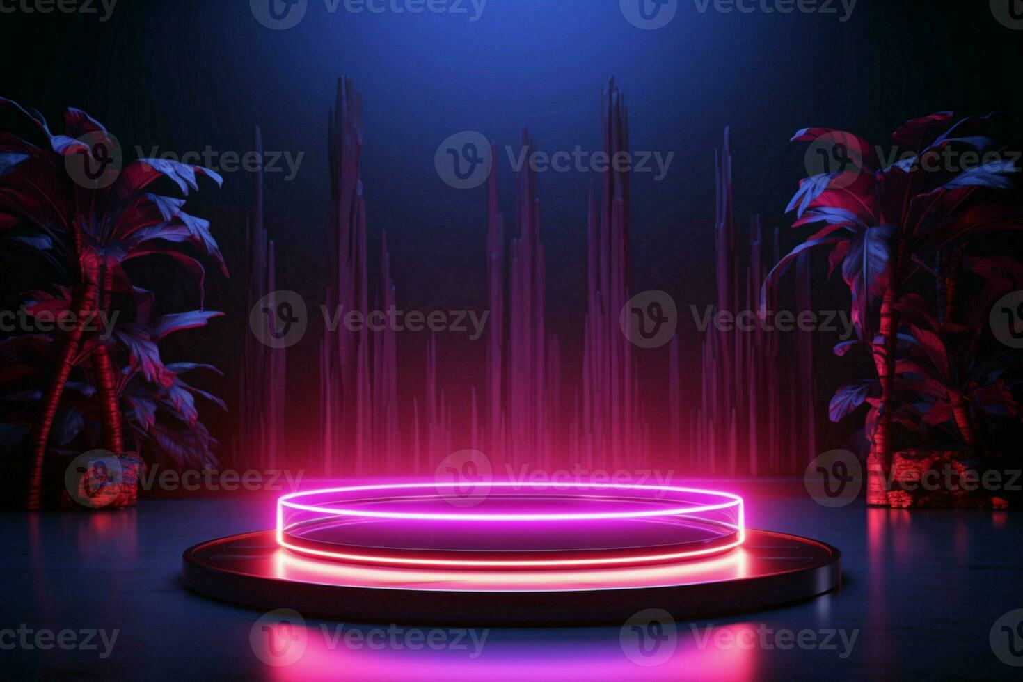 ai generato Prodotto riflettore cilindro podio con occhio attraente neon illuminazione dinamica foto