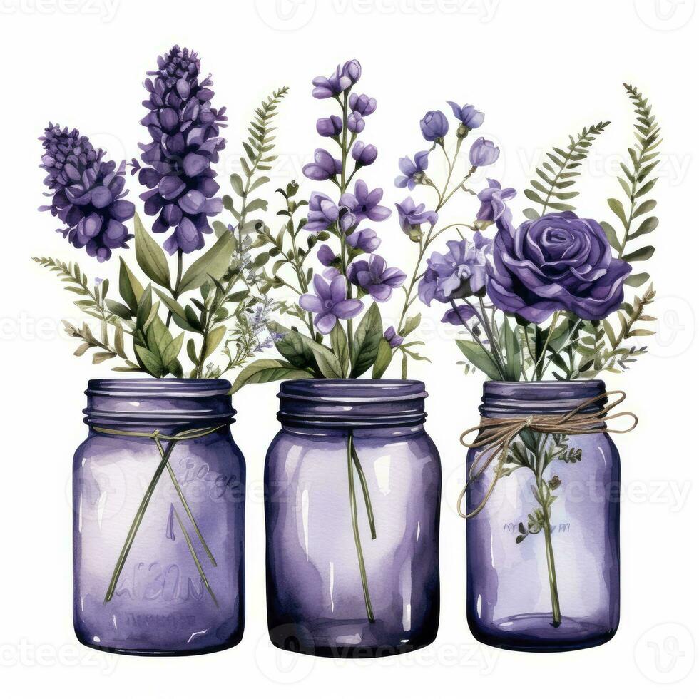 ai generato collezione di acquerello muratore barattoli con viola fiori clipart. ai generato foto