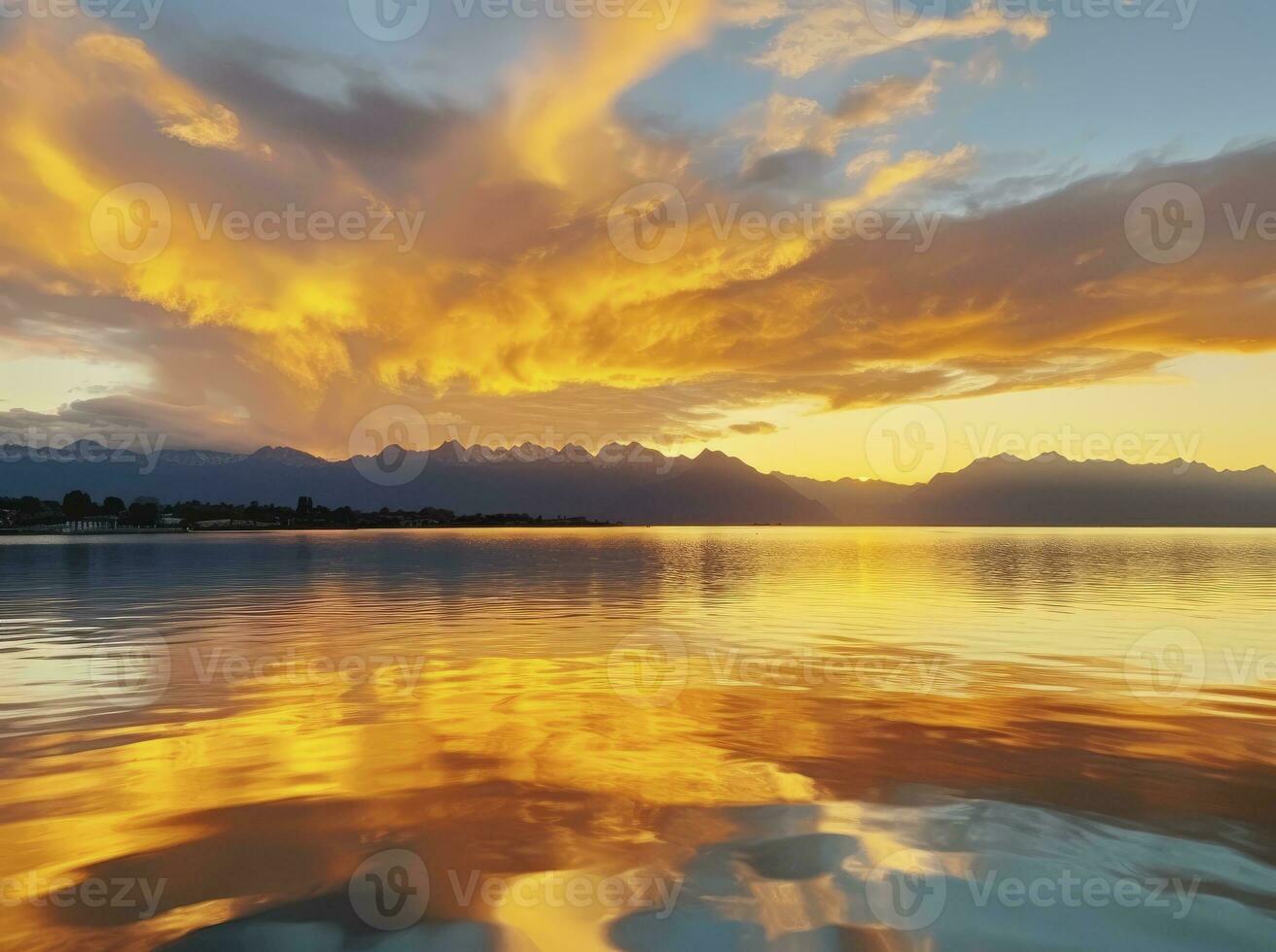 ai generato luminosa tramonto al di sopra di lago d'oro nuvole riflettere nel il acqua. ai generato. foto