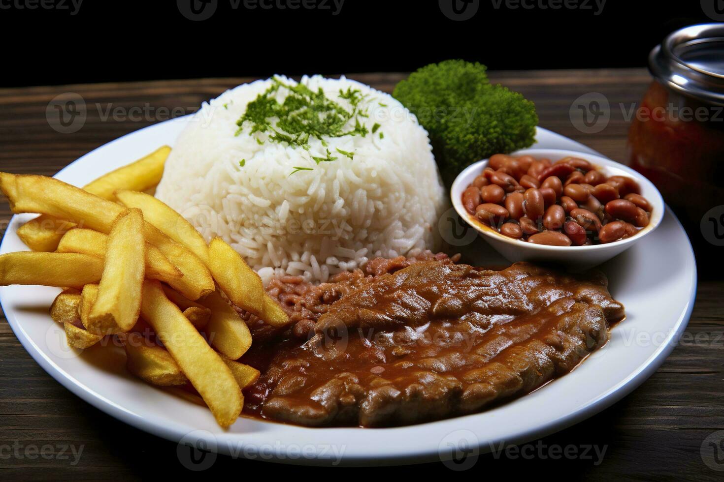 ai generato Riso, fagioli, francese patatine fritte, e carne. generativo ai foto