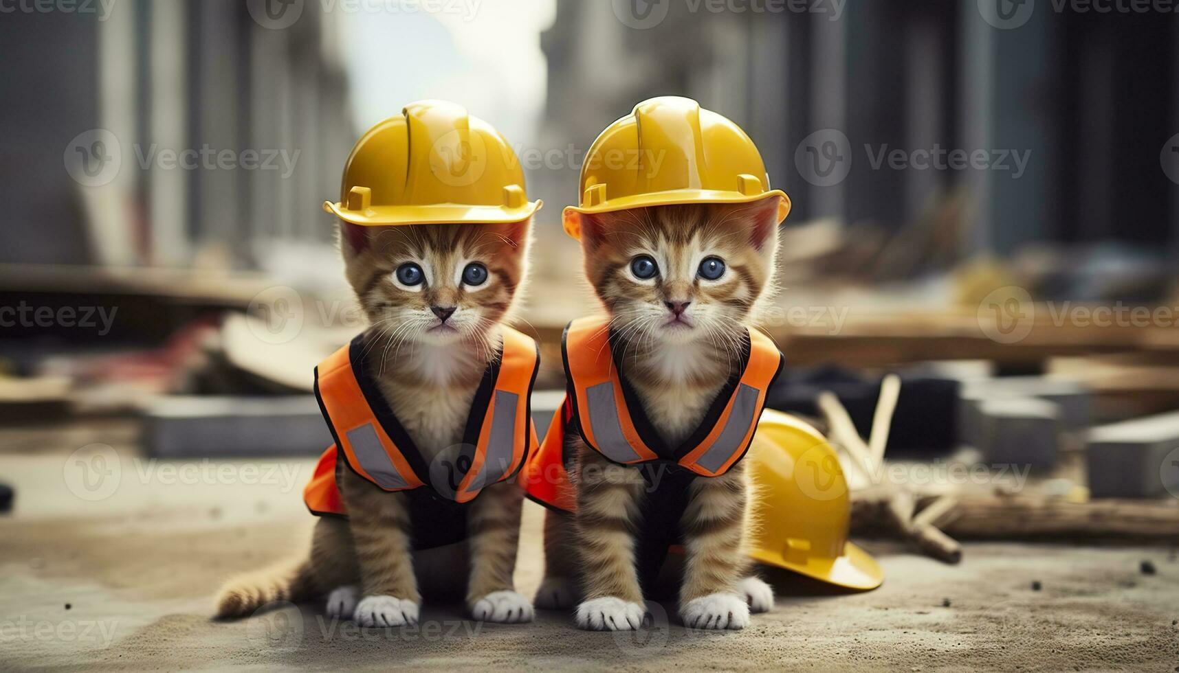 ai generato Due gattini indossare difficile cappelli su un' costruzione luogo. generativo ai foto