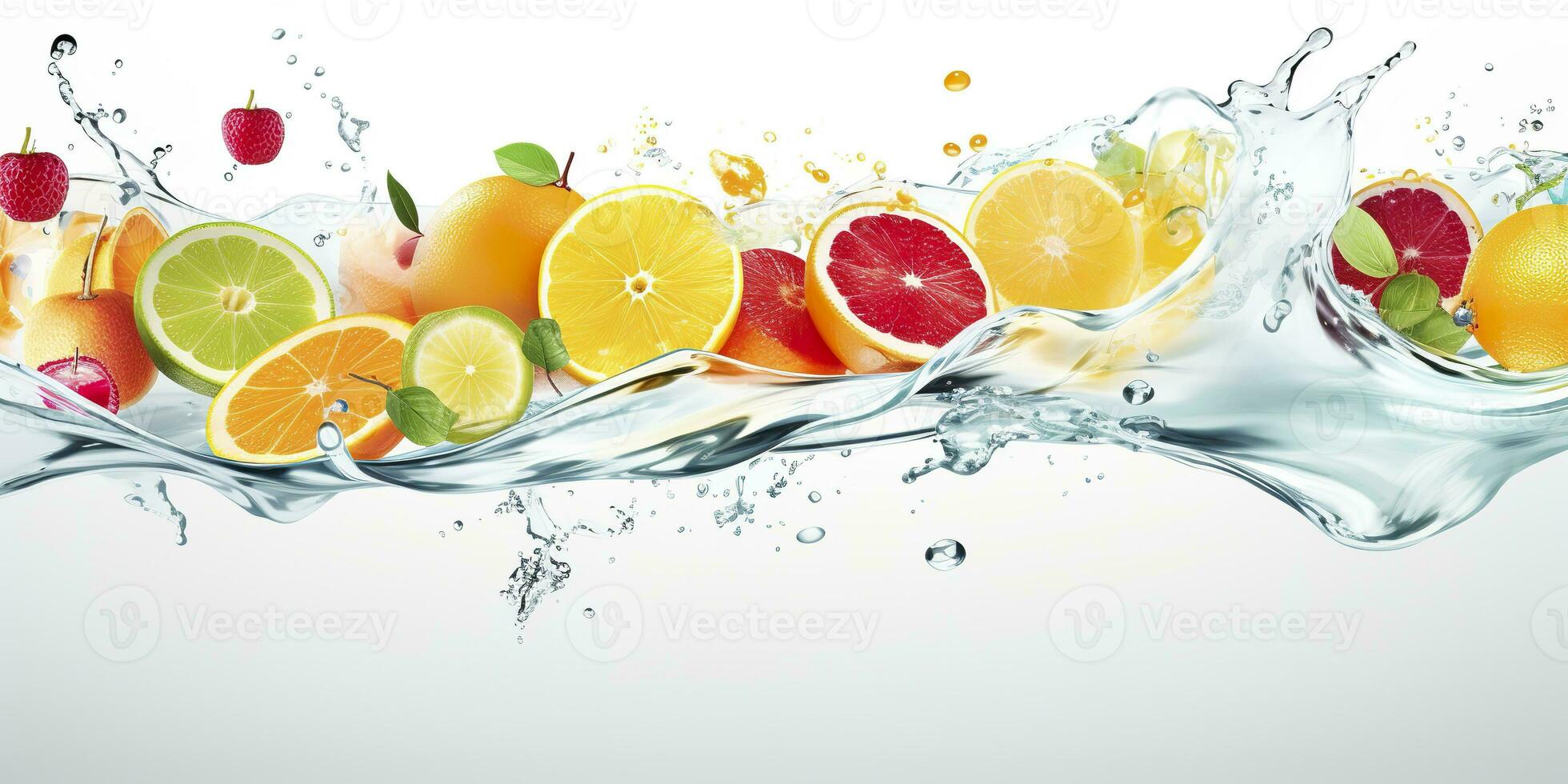 ai generato turbine acqua spruzzo con frutta. liquido flusso con ghiaccio cubi e un' mescolare di fresco frutta. generativo ai foto