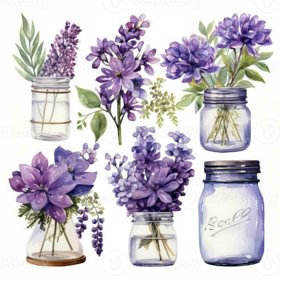 ai generato collezione di acquerello muratore barattoli con viola fiori clipart. ai generato foto