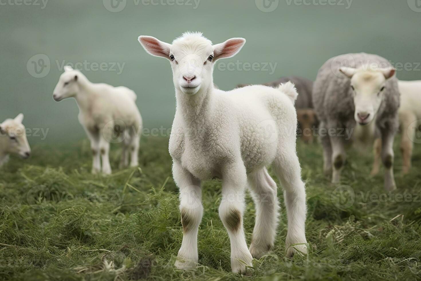 ai generato bianca agnello nel un' campo nel davanti di altro animali. generativo ai foto