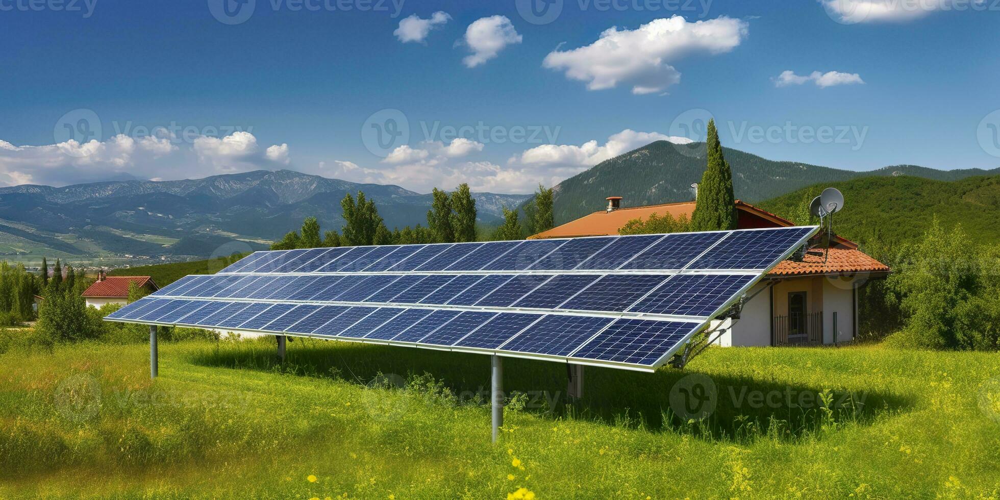 ai generato fotovoltaico solare pannelli. sostenibile energia. un' mini energia pianta per un' casa. generativo ai foto