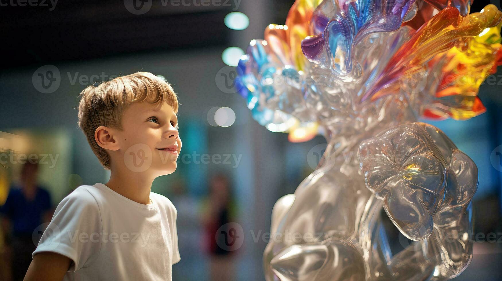 ai generato giovane ragazzo ammirazione bicchiere scultura foto