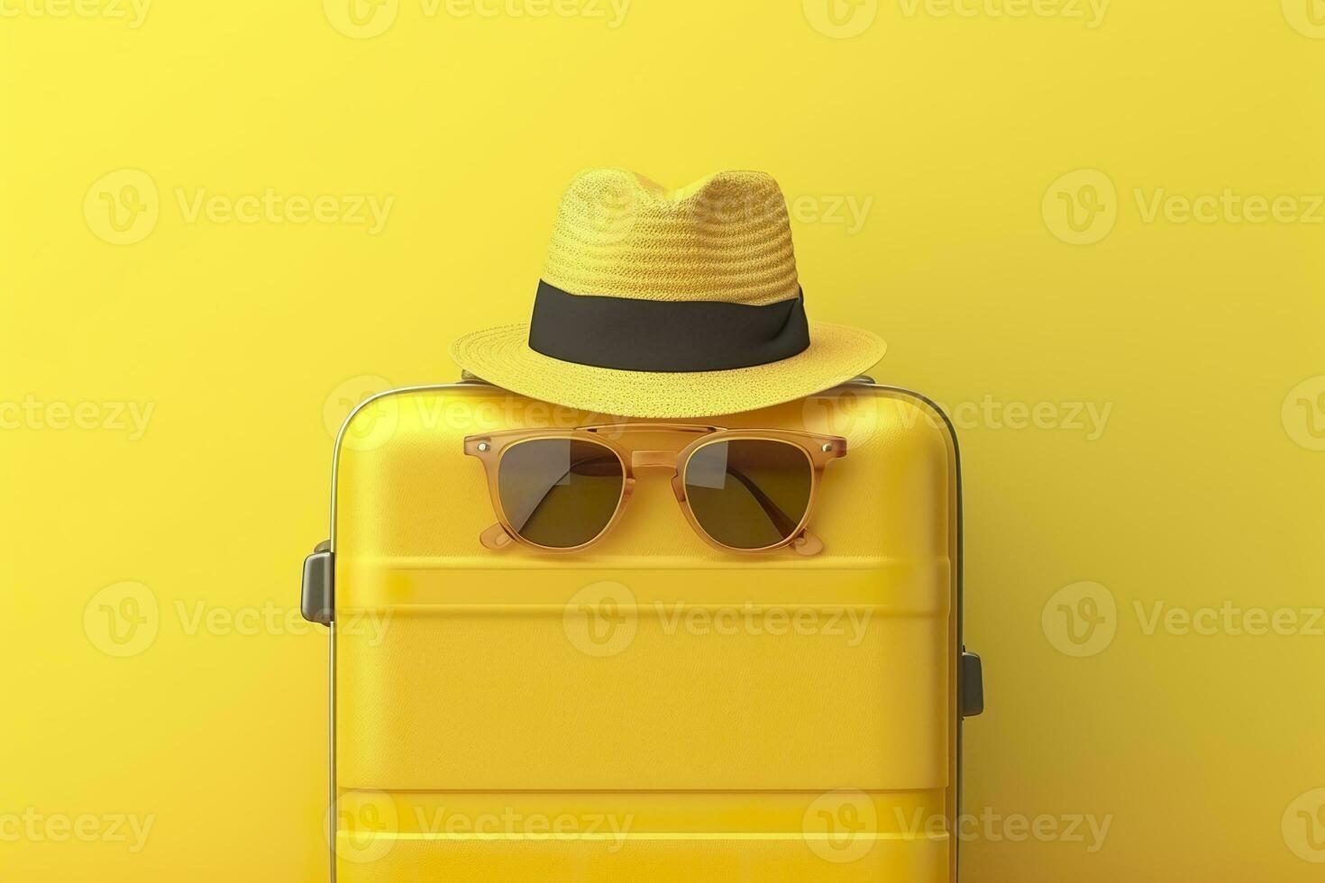 ai generato giallo valigia con sole bicchieri e cappello su giallo sfondo. viaggio concetto. generativo ai foto