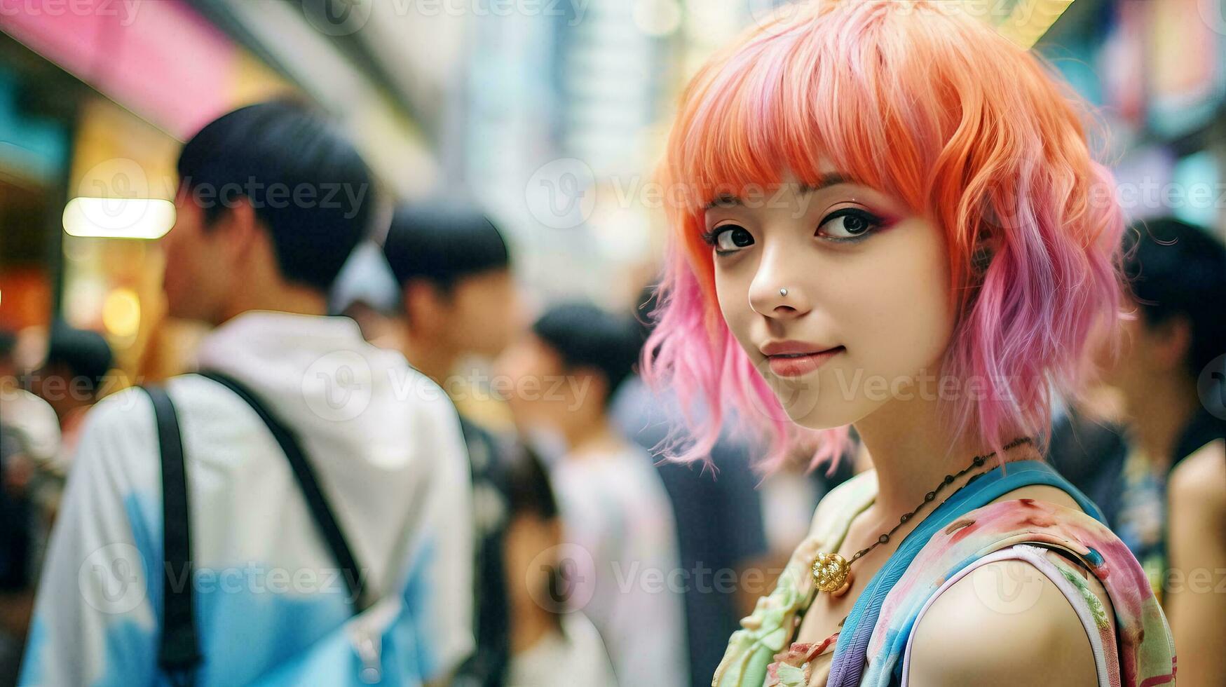 ai generato un' elegante donna con rosa capelli e un' zaino nel un' vivace urbano ambientazione foto