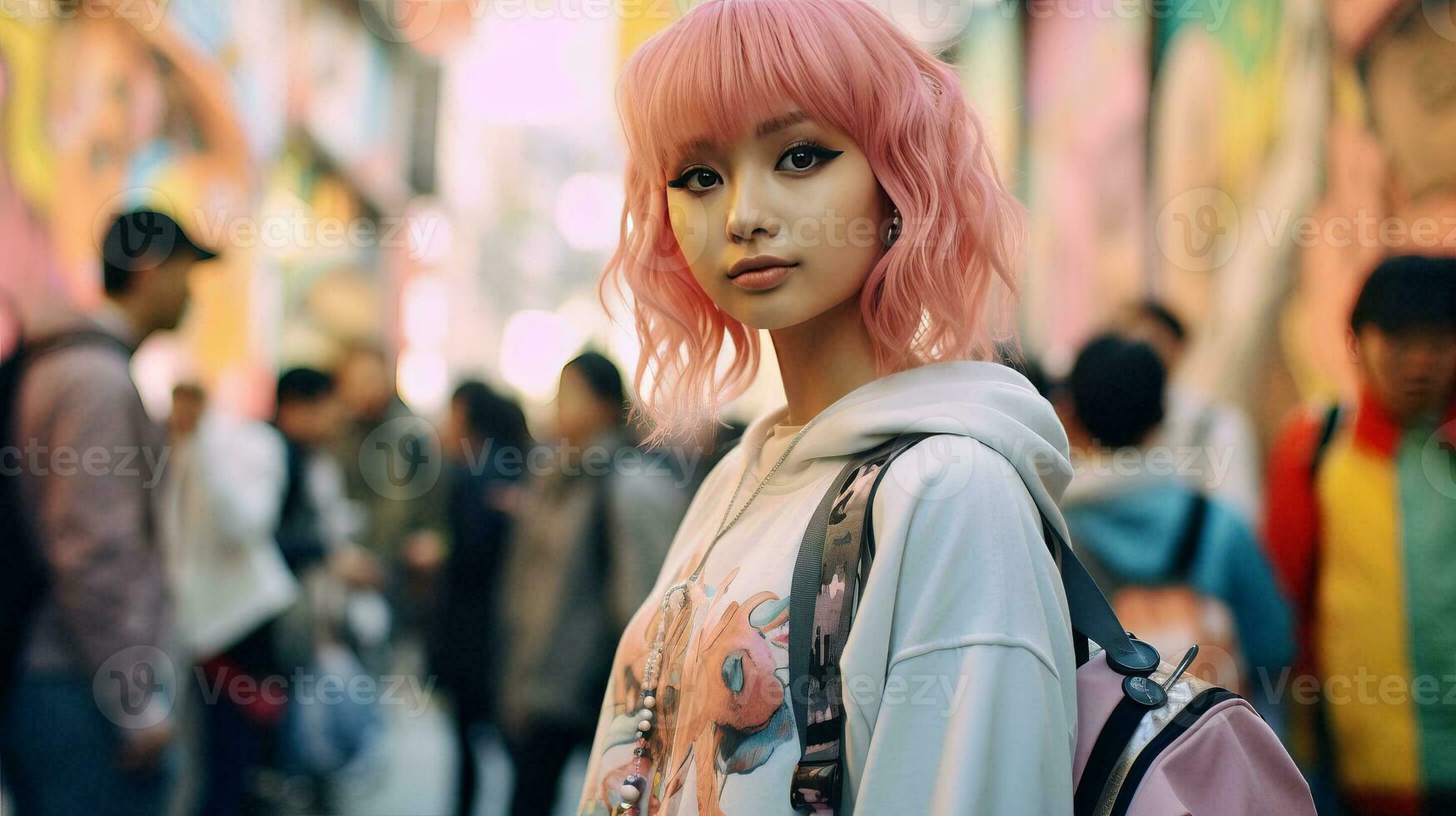 ai generato dai capelli rosa donna in piedi nel un' affollato strada foto