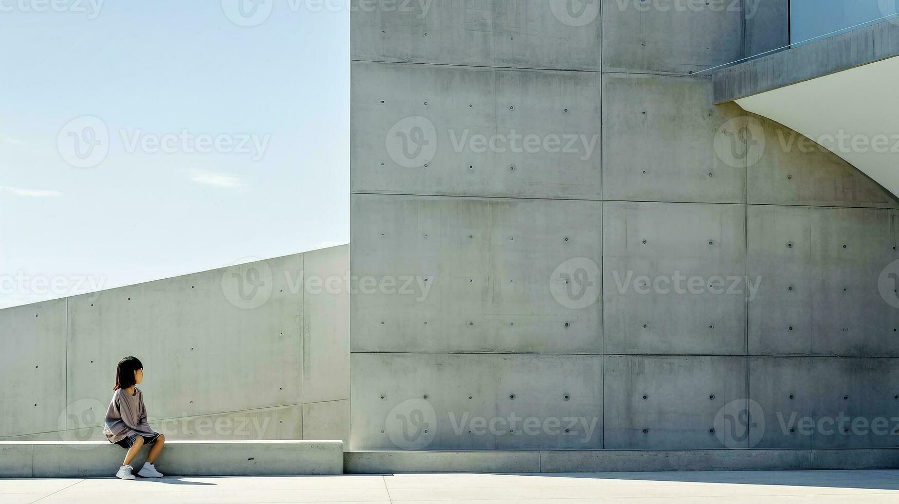 ai generato donna seduta su calcestruzzo panchina nel davanti di edificio foto